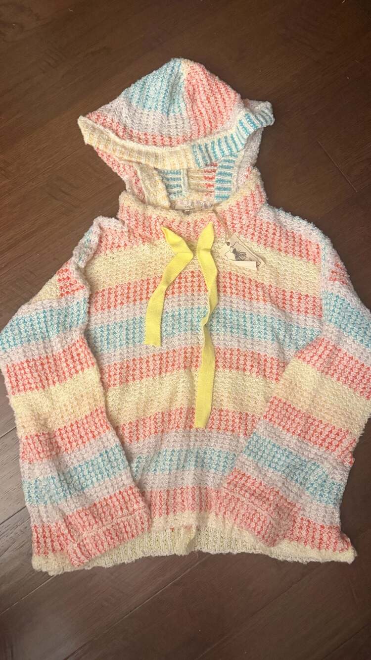 NWT Easel Women’s L Hooded Pastel Stripe Knit Sweater Boho Lightweight